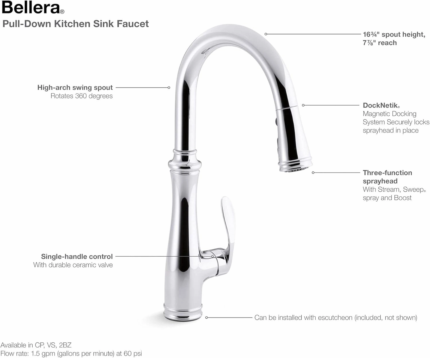 KOHLER Bellera Pull Down Kitchen Faucet, Kitchen Sink Faucet with Pull Down Sprayer, 3-Spray Faucet, Vibrant Stainless, K-560-VS