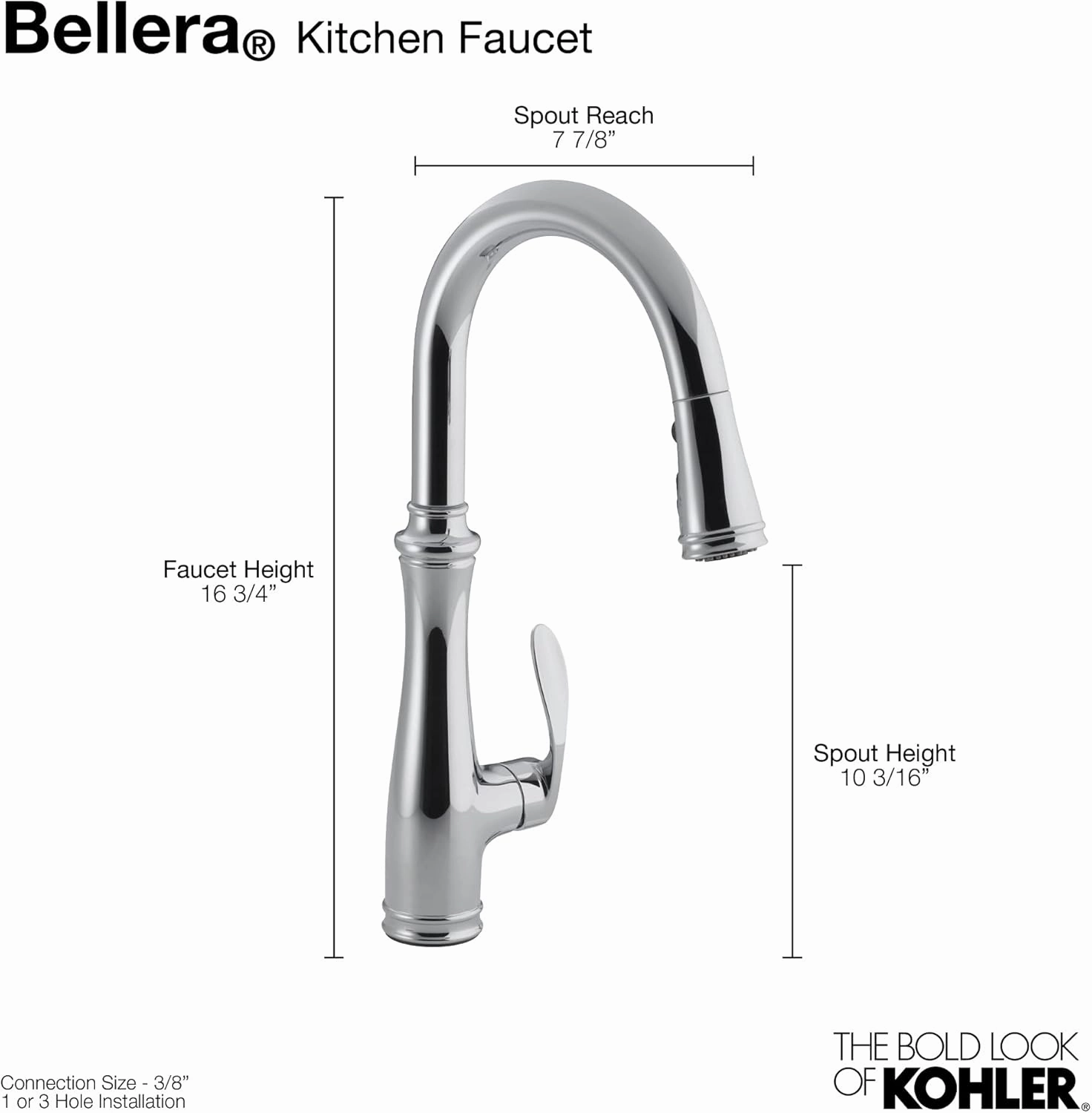 KOHLER Bellera Pull Down Kitchen Faucet, Kitchen Sink Faucet with Pull Down Sprayer, 3-Spray Faucet, Vibrant Stainless, K-560-VS