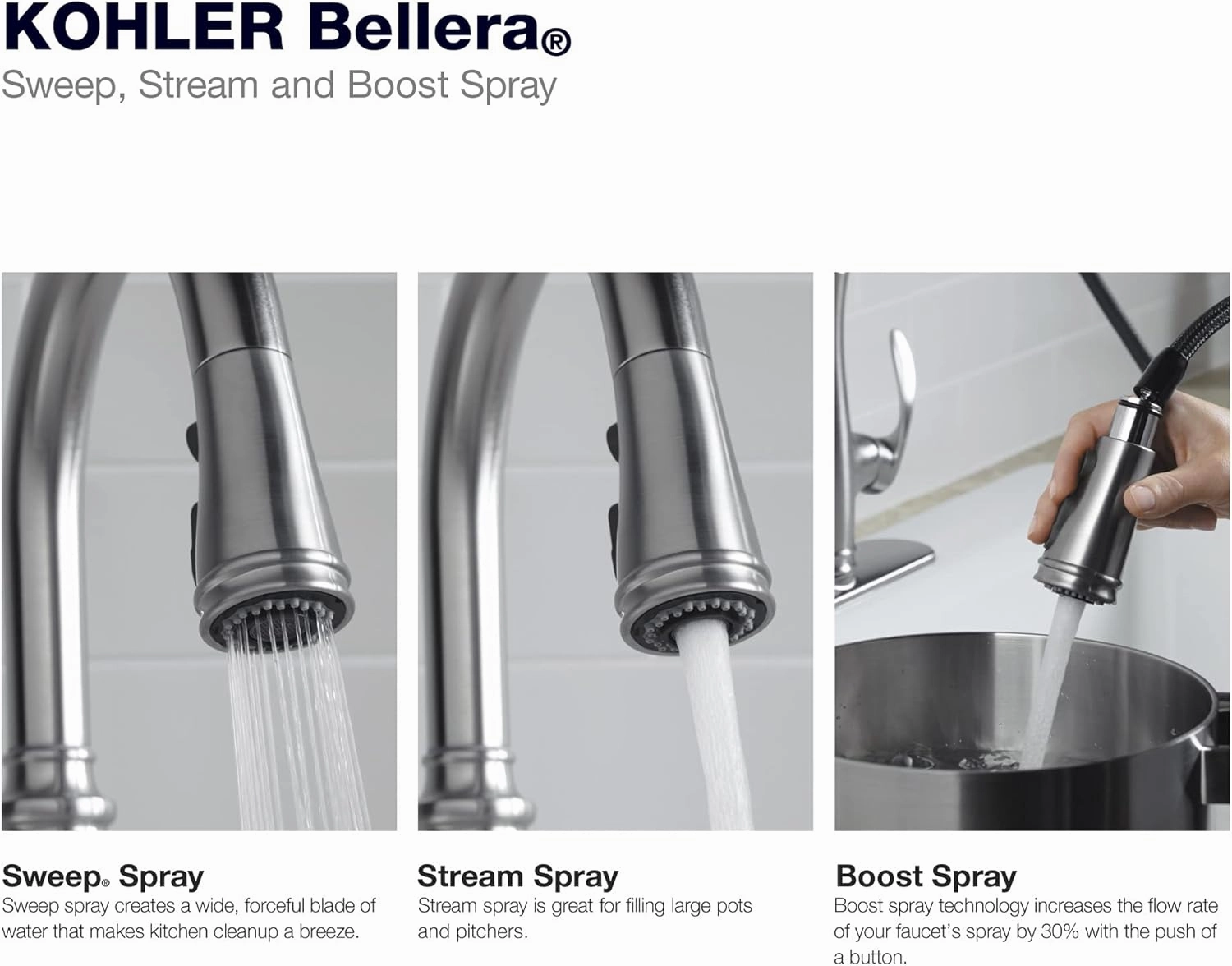KOHLER Bellera Pull Down Kitchen Faucet, Kitchen Sink Faucet with Pull Down Sprayer, 3-Spray Faucet, Vibrant Stainless, K-560-VS