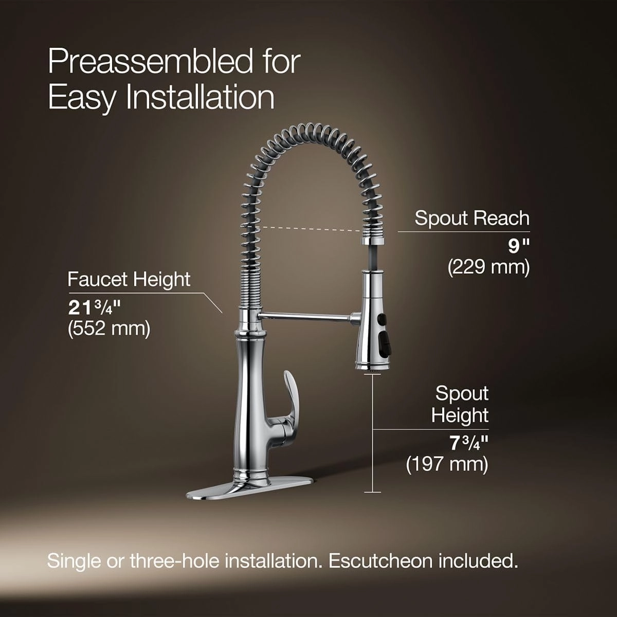 KOHLER K-29106-CP Bellera Pull Down Sprayer Kitchen Sink Faucet, 3 Function Spray Head, Polished Chrome