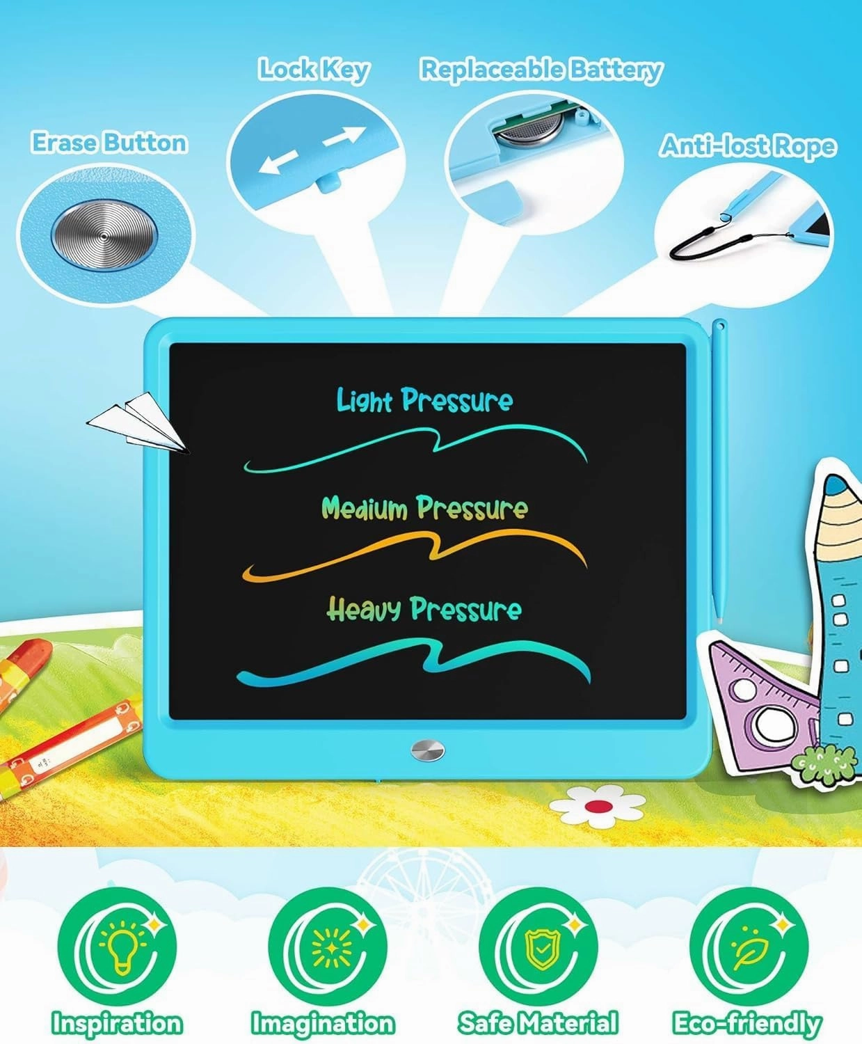 KOKODI LCD Writing Tablet, 12 Inch Colorful Toddler Doodle Board Drawing Tablet, Erasable Reusable Electronic Drawing Pads, Educational and Learning Toy for 3-6 Years Old Boy and Girls