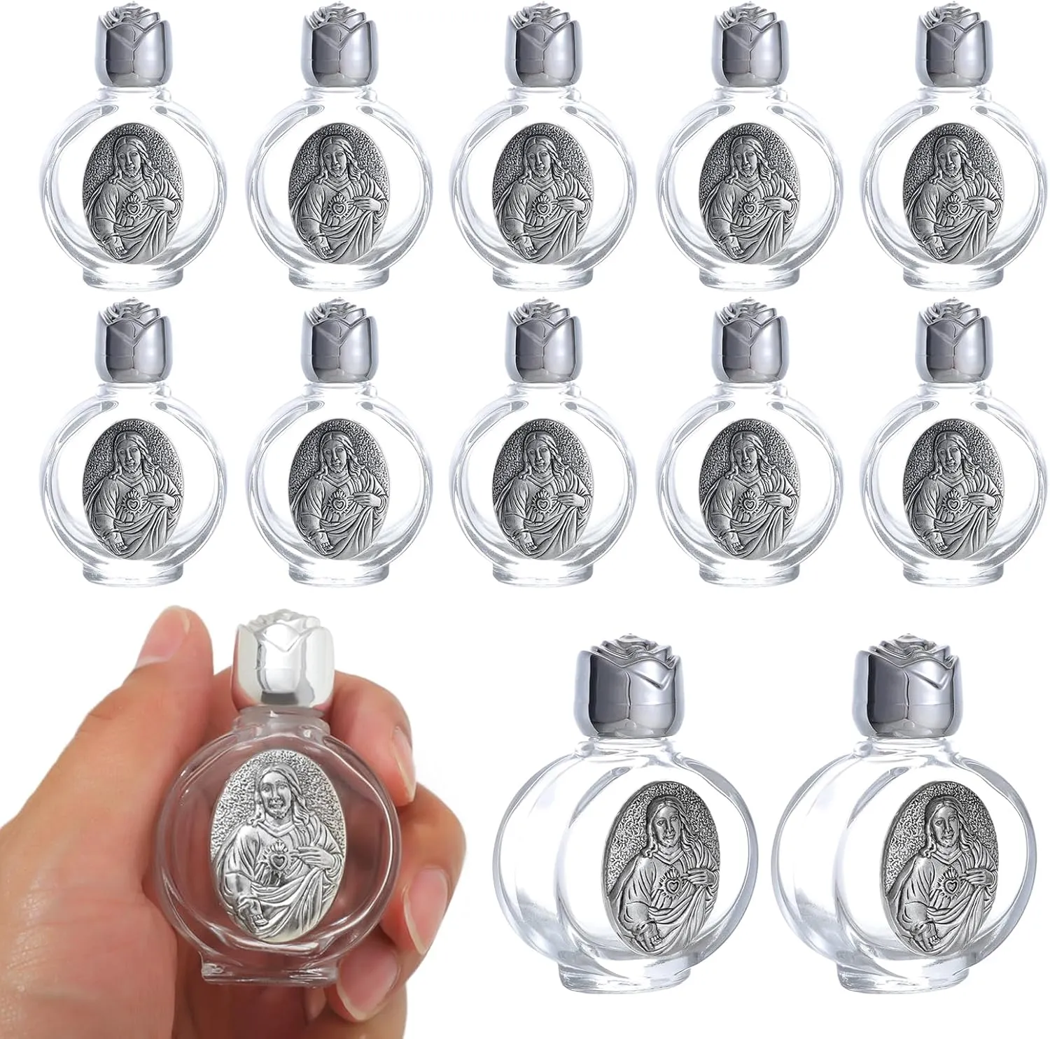 KOMI 12PCS Glass Holy Water Bottle 0.5 floz Mini Holy Water Container with Embossed Sacred Heart of Jesus Religious Empty Travel Bottle Church Catholic Gifts