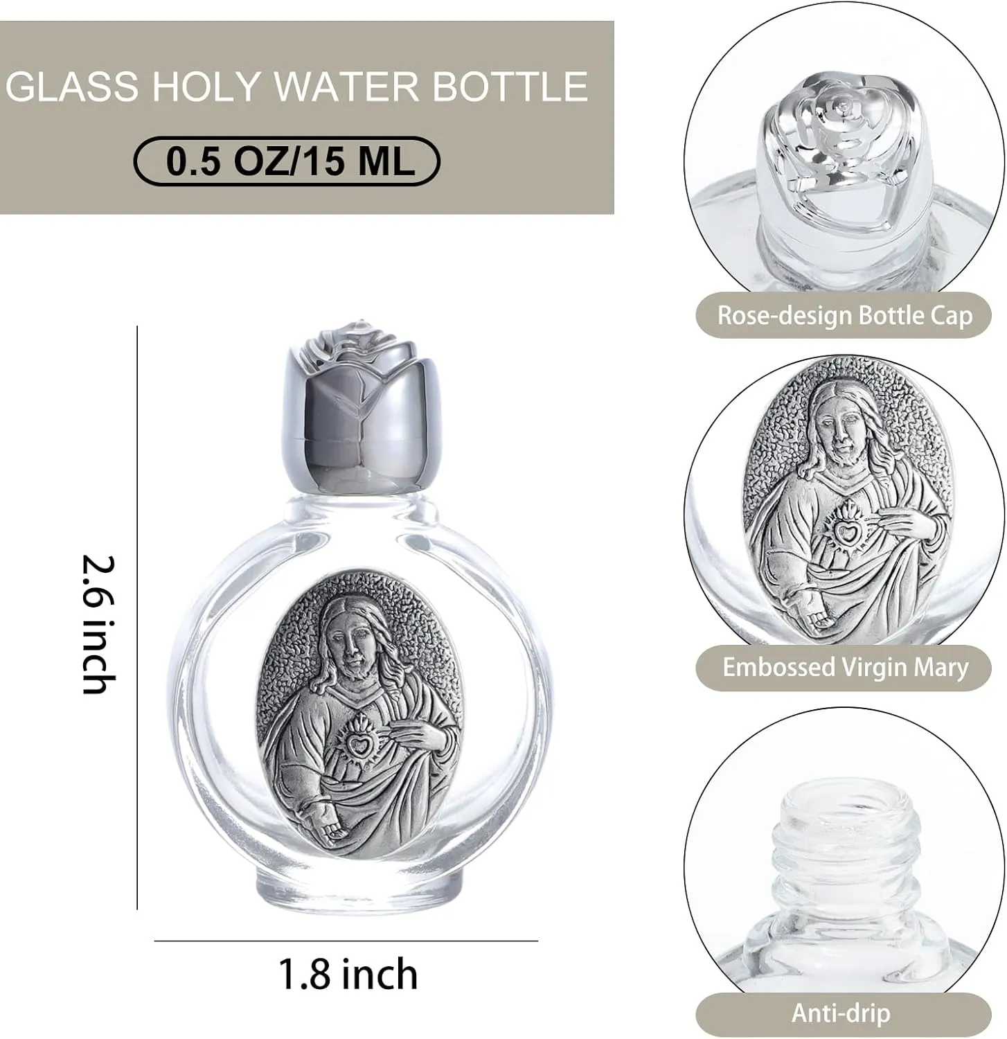 KOMI 12PCS Glass Holy Water Bottle 0.5 floz Mini Holy Water Container with Embossed Sacred Heart of Jesus Religious Empty Travel Bottle Church Catholic Gifts