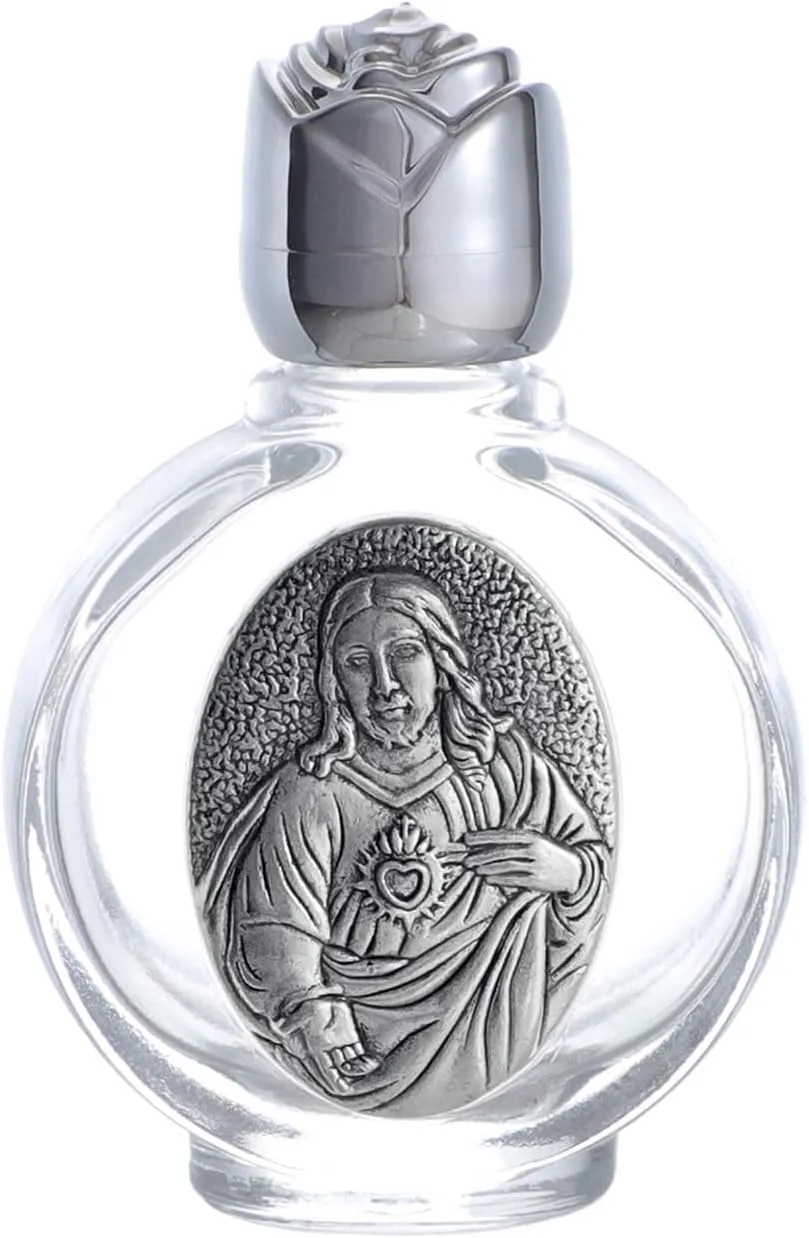 KOMI 12PCS Glass Holy Water Bottle 0.5 floz Mini Holy Water Container with Embossed Sacred Heart of Jesus Religious Empty Travel Bottle Church Catholic Gifts