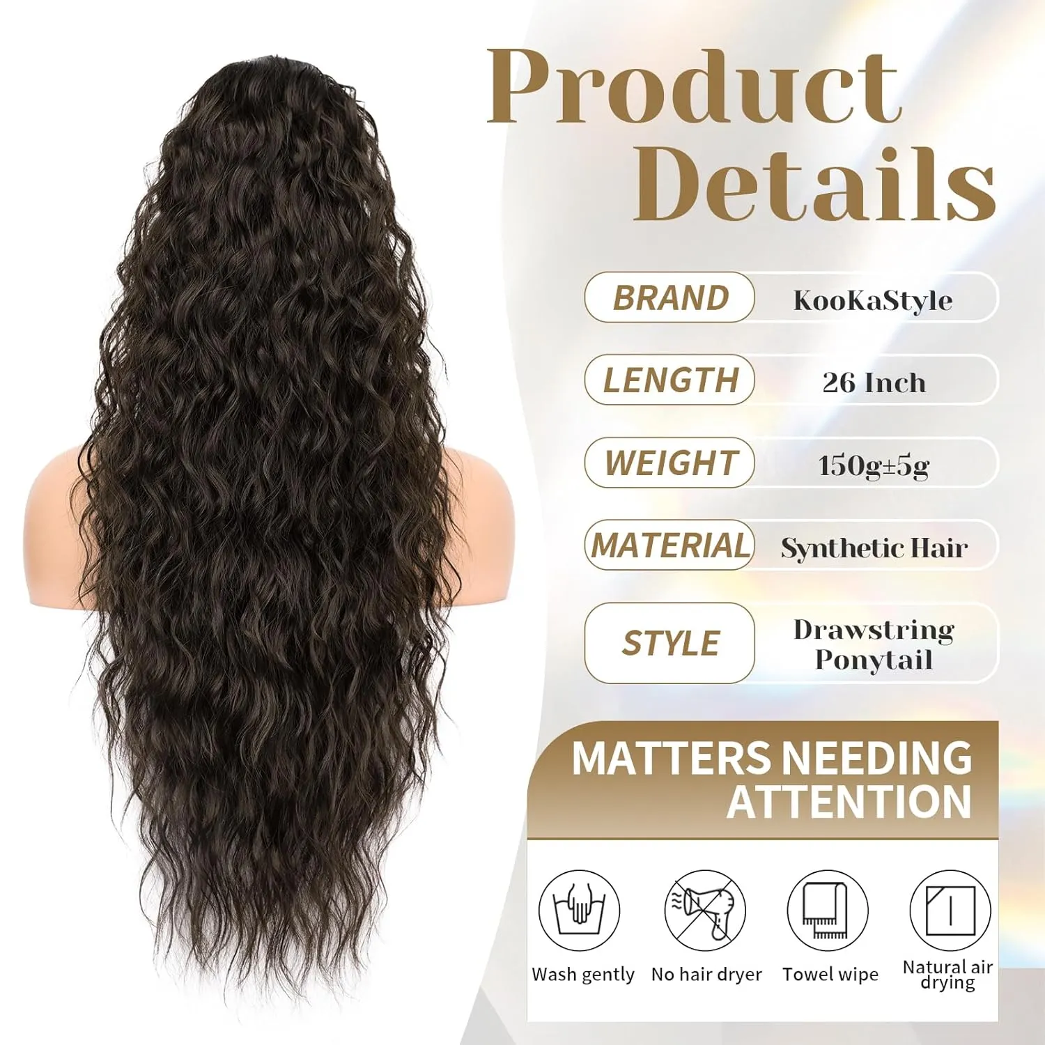 KooKaStyle Ponytail Extension 26 Inch Drawstring Pony Tails Hair Extensions for Women Long Curly Brunette Brown Ponytail Synthetic Hairpieces for Daily Use