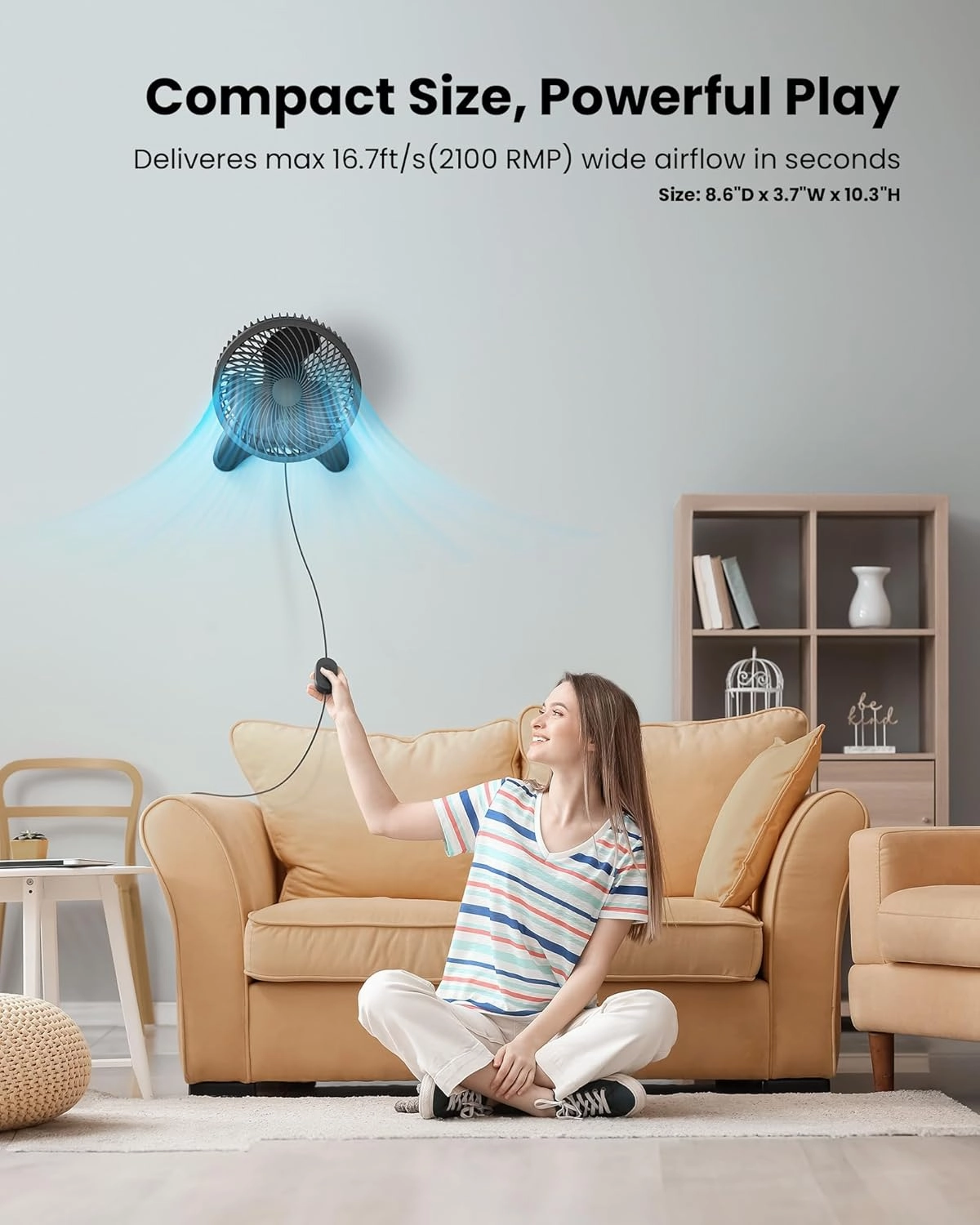 Koonie 8'' Wall Mount Fan, Quiet Small Wall Fan with Timer, 8.2ft Wired Remote, 80° Oscillation, 100° Adjustable, 3 Speeds High Velocity for RV Bedroom Kitchen Office Garage(Adapter Included)