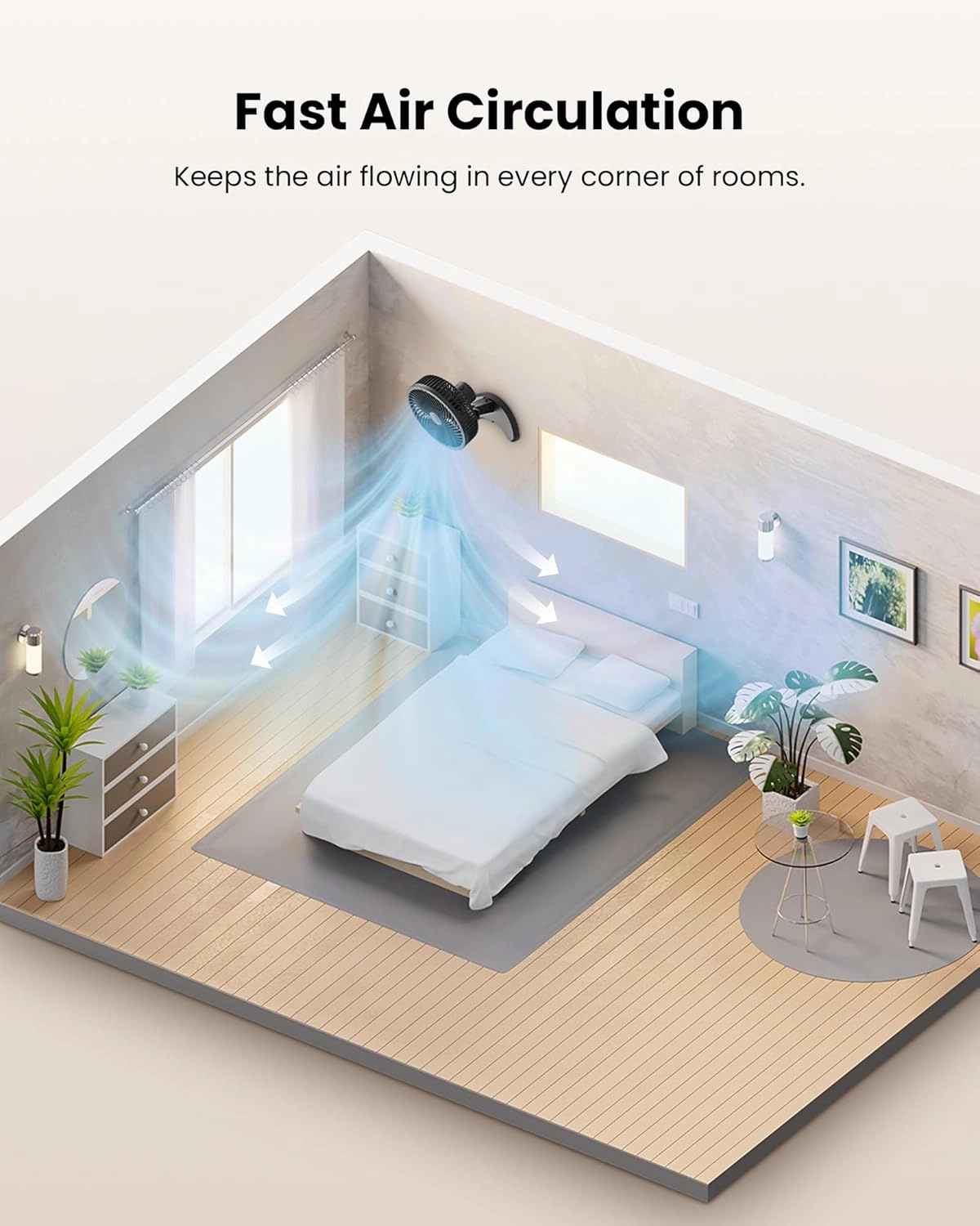 Koonie 8'' Wall Mount Fan, Quiet Small Wall Fan with Timer, 8.2ft Wired Remote, 80° Oscillation, 100° Adjustable, 3 Speeds High Velocity for RV Bedroom Kitchen Office Garage(Adapter Included)
