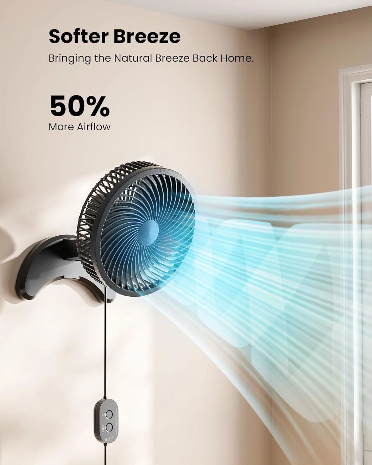 Koonie 8'' Wall Mount Fan, Quiet Small Wall Fan with Timer, 8.2ft Wired Remote, 80° Oscillation, 100° Adjustable, 3 Speeds High Velocity for RV Bedroom Kitchen Office Garage(Adapter Included)