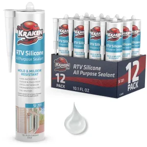 Kraken Bond RTV Silicone Caulk Clear - (12x10.1 fl.oz.) 100% Silicone Sealant Waterproof, Flexible Kitchen Sink Sealant, Caulking Sealant for Window and Door, 12 Pack