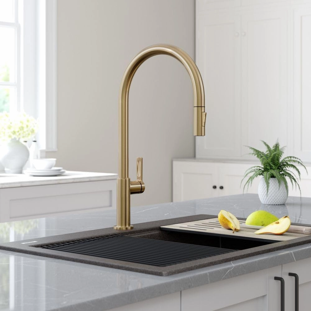 KRAUS Oletto High-Arc Single Handle Pull-Down Kitchen Sink Faucets in Spot Free Antique Champagne Bronze, Kitchen Faucets with Pull Down Sprayer, KPF-2821SFACB