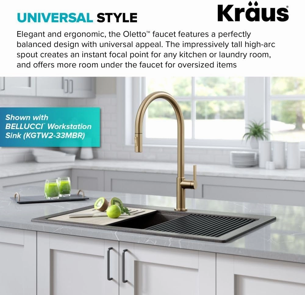 KRAUS Oletto High-Arc Single Handle Pull-Down Kitchen Sink Faucets in Spot Free Antique Champagne Bronze, Kitchen Faucets with Pull Down Sprayer, KPF-2821SFACB