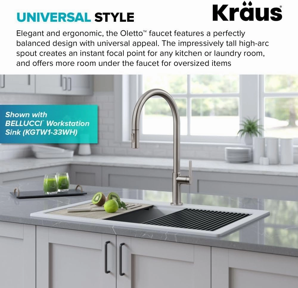 KRAUS Oletto High-Arc Single Handle Pull-Down Kitchen Sink Faucets in Spot Free Stainless Steel, Kitchen Faucets with Pull Down Sprayer, KPF-2821SFS