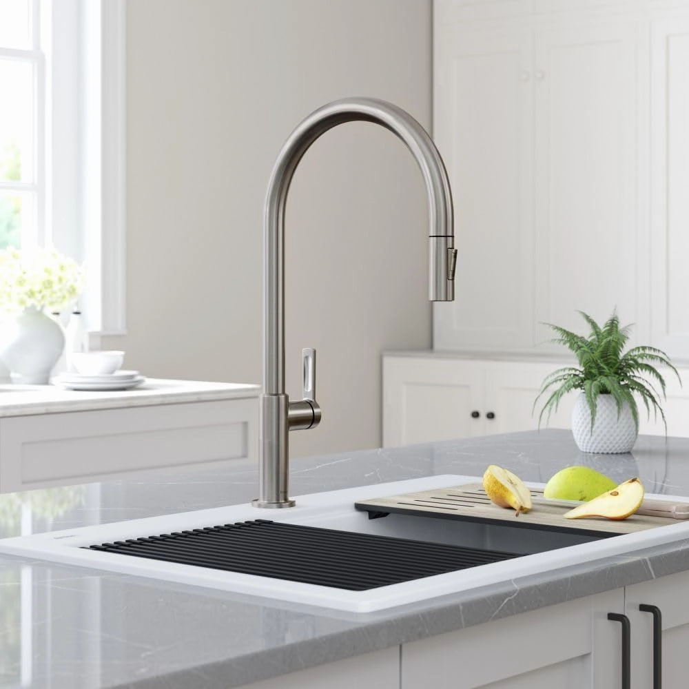KRAUS Oletto High-Arc Single Handle Pull-Down Kitchen Sink Faucets in Spot Free Stainless Steel, Kitchen Faucets with Pull Down Sprayer, KPF-2821SFS
