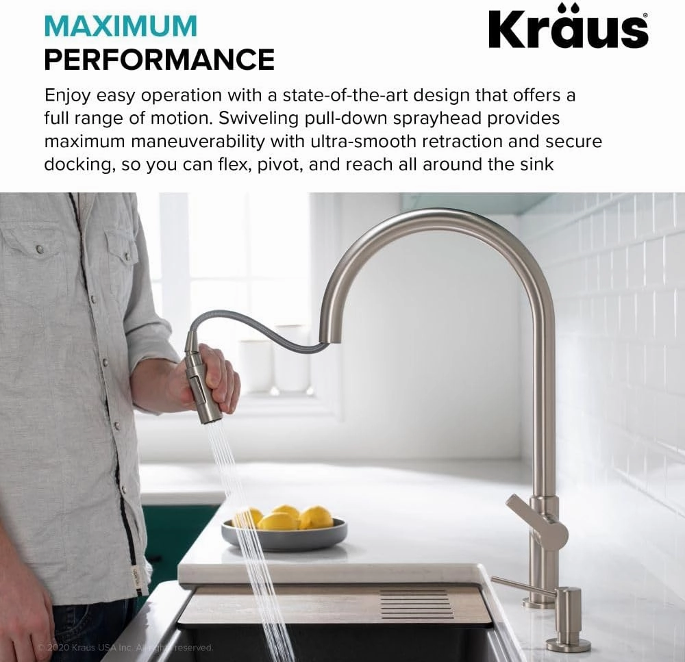 KRAUS Oletto High-Arc Single Handle Pull-Down Kitchen Sink Faucets in Spot Free Stainless Steel, Kitchen Faucets with Pull Down Sprayer, KPF-2821SFS