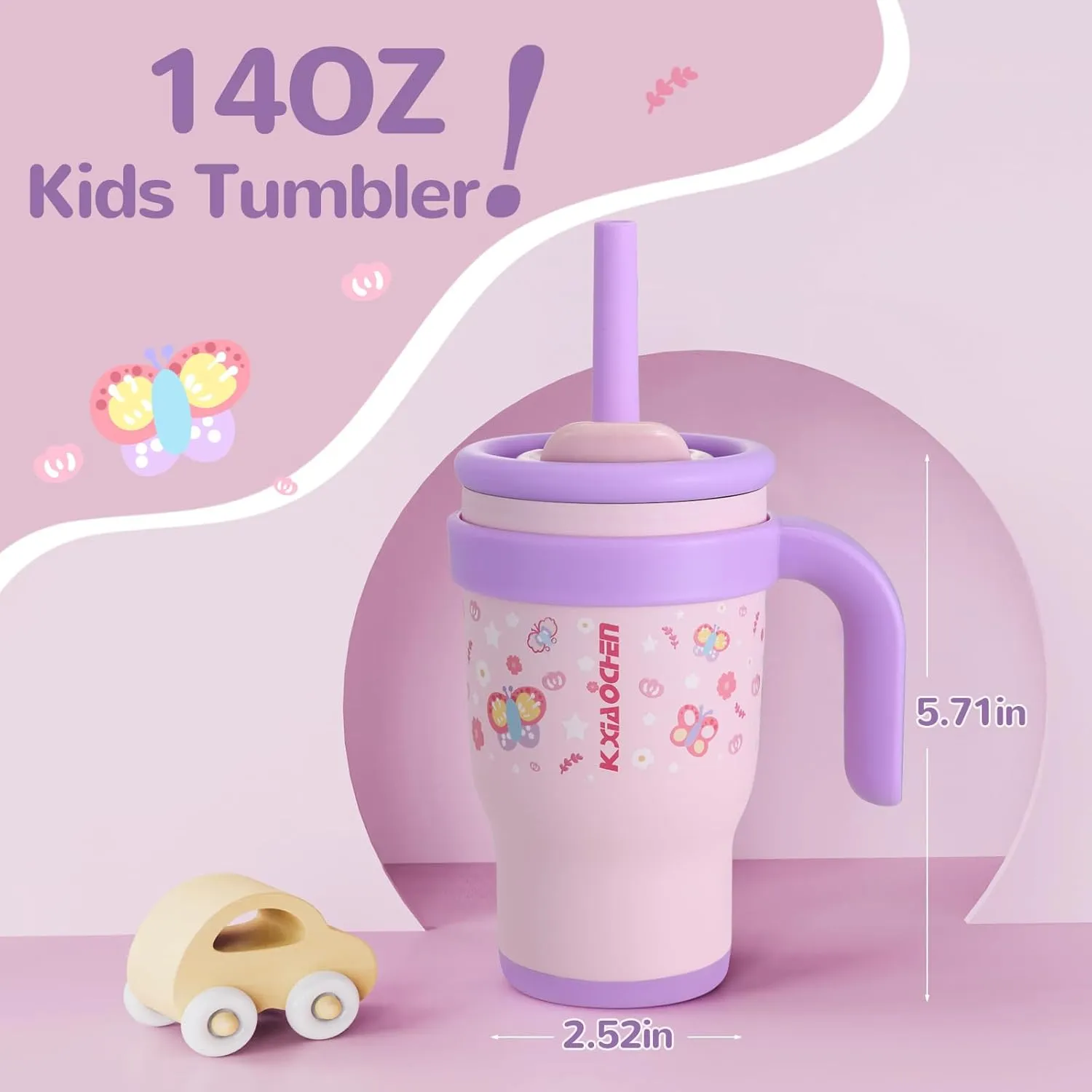 KXIAOCHEN 14 oz Kids Tumbler with Handle for spill proof Insulated Stainless Steel Reusable Tumbler for Toddlers, Keeps Drinks Cold up to 24 Hrs，Pink Butterfly