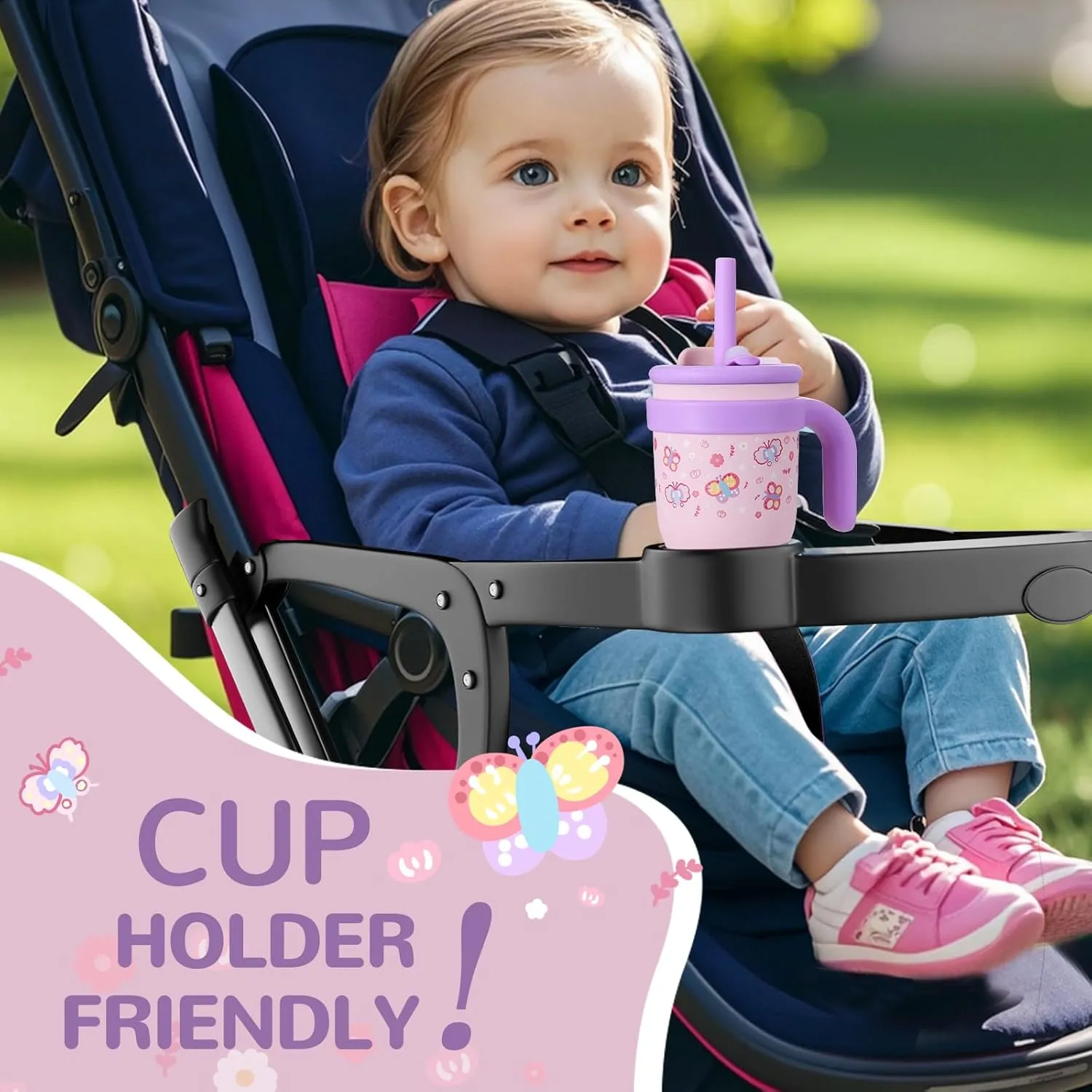 KXIAOCHEN 14 oz Kids Tumbler with Handle for spill proof Insulated Stainless Steel Reusable Tumbler for Toddlers, Keeps Drinks Cold up to 24 Hrs，Pink Butterfly