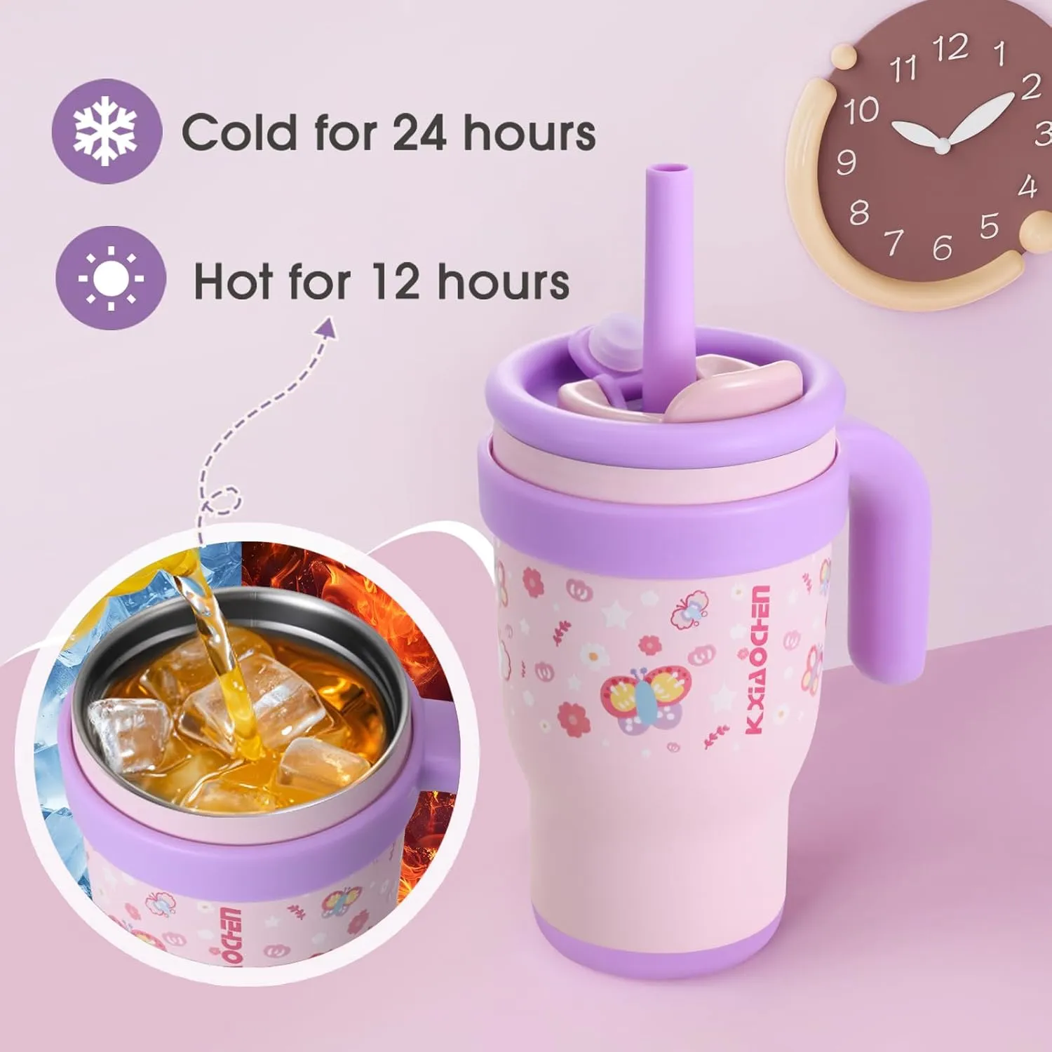 KXIAOCHEN 14 oz Kids Tumbler with Handle for spill proof Insulated Stainless Steel Reusable Tumbler for Toddlers, Keeps Drinks Cold up to 24 Hrs，Pink Butterfly