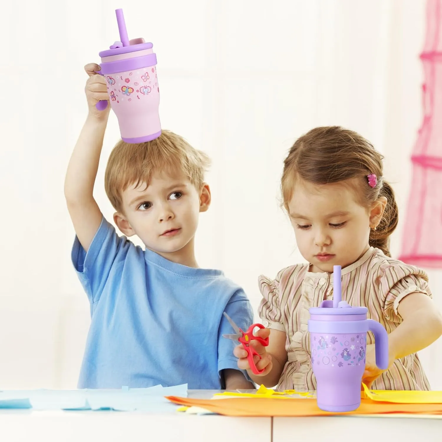 KXIAOCHEN 14 oz Kids Tumbler with Handle for spill proof Insulated Stainless Steel Reusable Tumbler for Toddlers, Keeps Drinks Cold up to 24 Hrs，Pink Butterfly