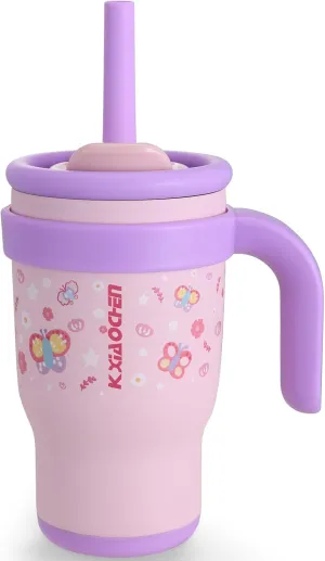 KXIAOCHEN 14 oz Kids Tumbler with Handle for spill proof Insulated Stainless Steel Reusable Tumbler for Toddlers, Keeps Drinks Cold up to 24 Hrs，Pink Butterfly