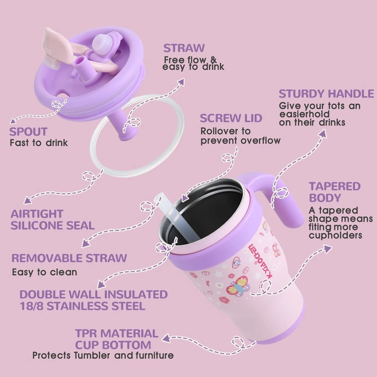 KXIAOCHEN 14 oz Kids Tumbler with Handle for spill proof Insulated Stainless Steel Reusable Tumbler for Toddlers, Keeps Drinks Cold up to 24 Hrs，Pink Butterfly