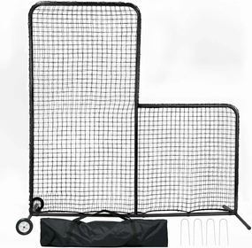 L-Screen Baseball & Softball Pitching Screen 7x7FT, Portable Protective Screen with Rubber Wheels, Double Layer Pitching net for Batting Cage, Pitcher Safety Screen, Includes Carry Bag