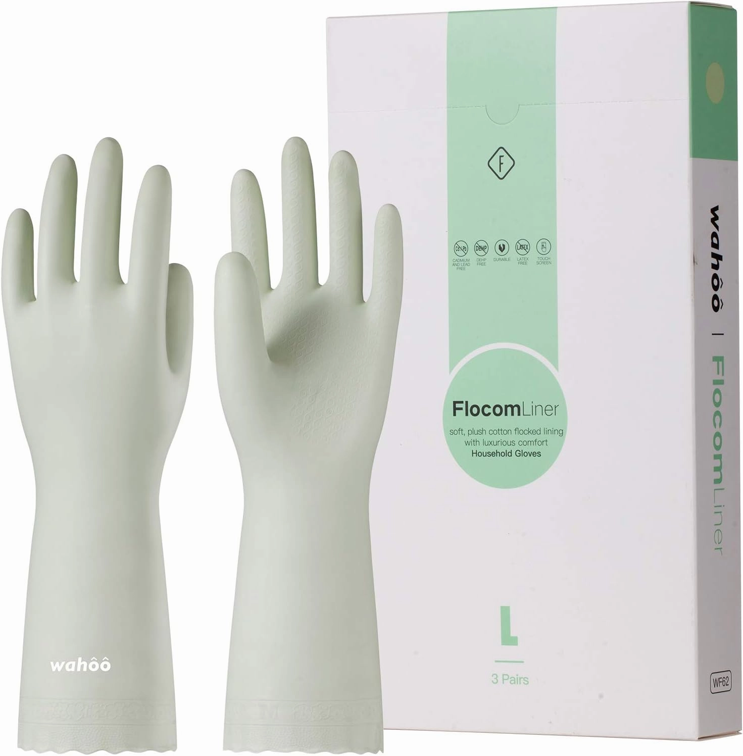 LANON 3 Pairs wahoo Skin-Friendly Cleaning Gloves, Dishwashing Kitchen Gloves with Cotton Flocked Liner, Reusable, Non-Slip, Canary Green, Medium
