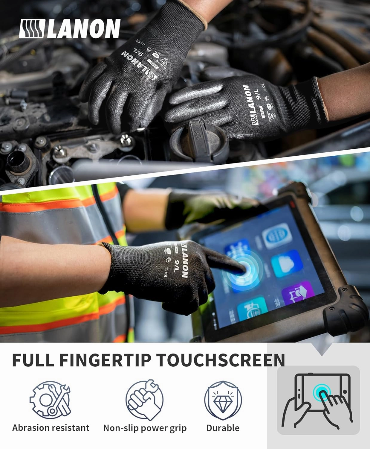 LANON Safety Work Gloves for Men and Women, 18 Pairs Mechanic Black Working Gloves with Grip Odorless PU Coated, Seamless Knit, Full Fingertip Touchscreen for Light Duty Working Gloves, X-Large