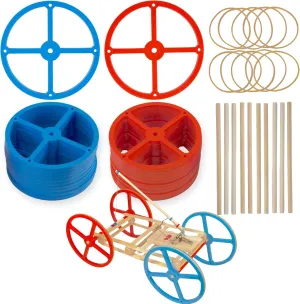 Large Plastic Toy Project Wheels and Axles, for Mousetrap Car and Rubber Band Car Projects, 20 Wheels, 20 Rubber Bands, 10 Dowels