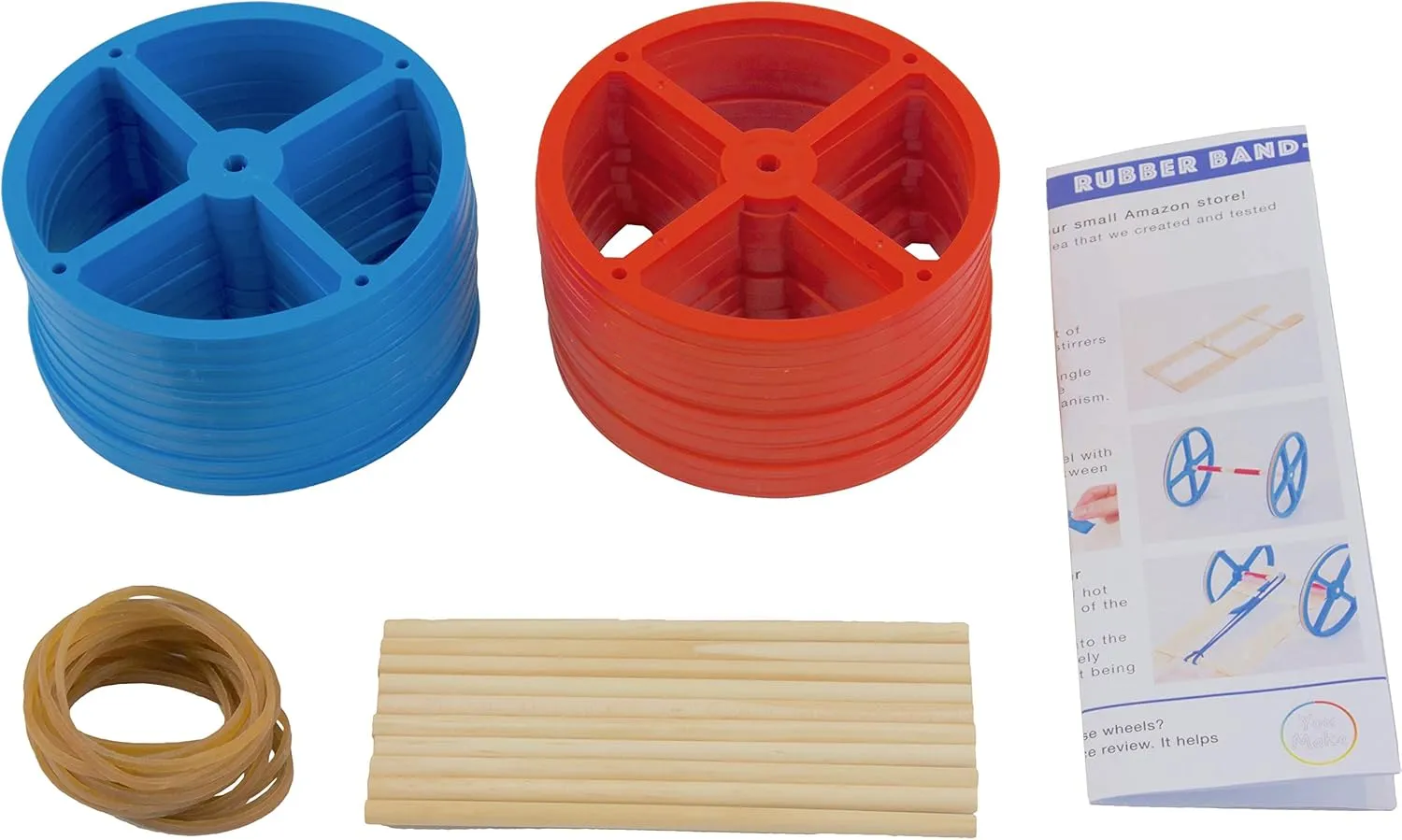 Large Plastic Toy Project Wheels and Axles, for Mousetrap Car and Rubber Band Car Projects, 20 Wheels, 20 Rubber Bands, 10 Dowels