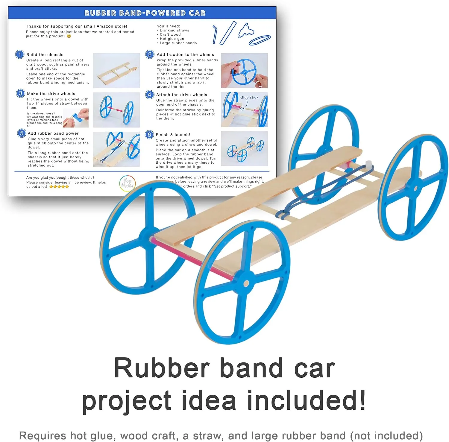 Large Plastic Toy Project Wheels and Axles, for Mousetrap Car and Rubber Band Car Projects, 20 Wheels, 20 Rubber Bands, 10 Dowels