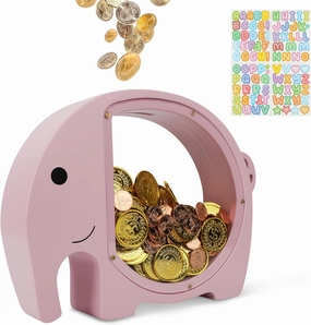 Large Wooden Piggy Bank for Boys & Girls, Cute Toy for Kids & Toddlers, Indestruct Saving Money Box Present with Clear Plastic for Adults Birthday Gifts & Easter(Pink)