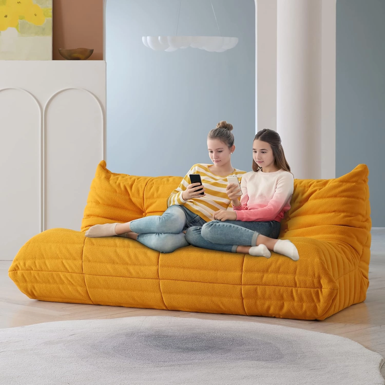 Lazy Floor Sofa, Fireside Chair,Teddy Velvet Sofa Bean Bag Couch, Lounge Accent Chair for Living Room Corner Bedroom Salon Office-3 Seater