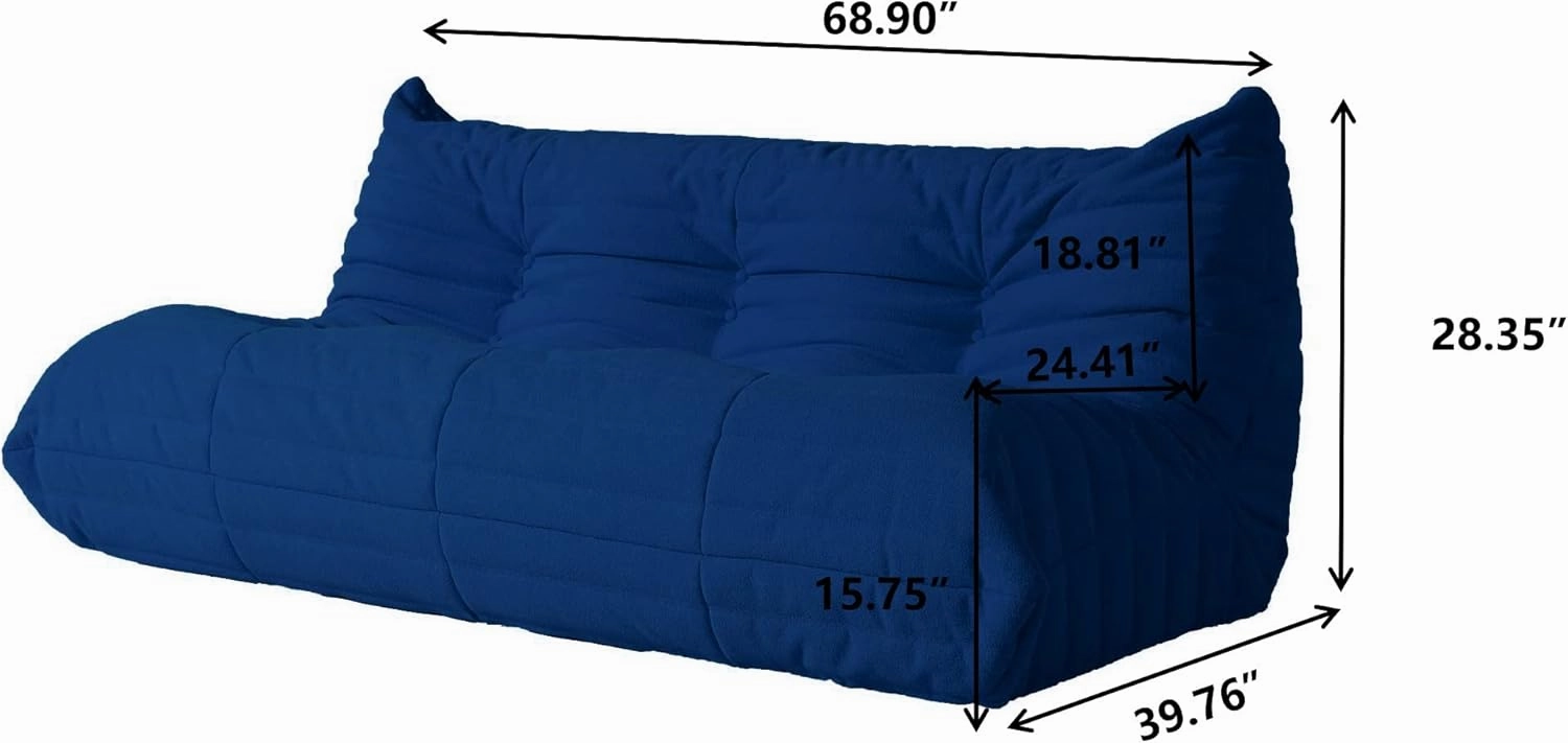 Lazy Floor Sofa, Fireside Chair,Teddy Velvet Sofa Bean Bag Couch, Lounge Accent Chair for Living Room Corner Bedroom Salon Office (3 Seater, Blue)