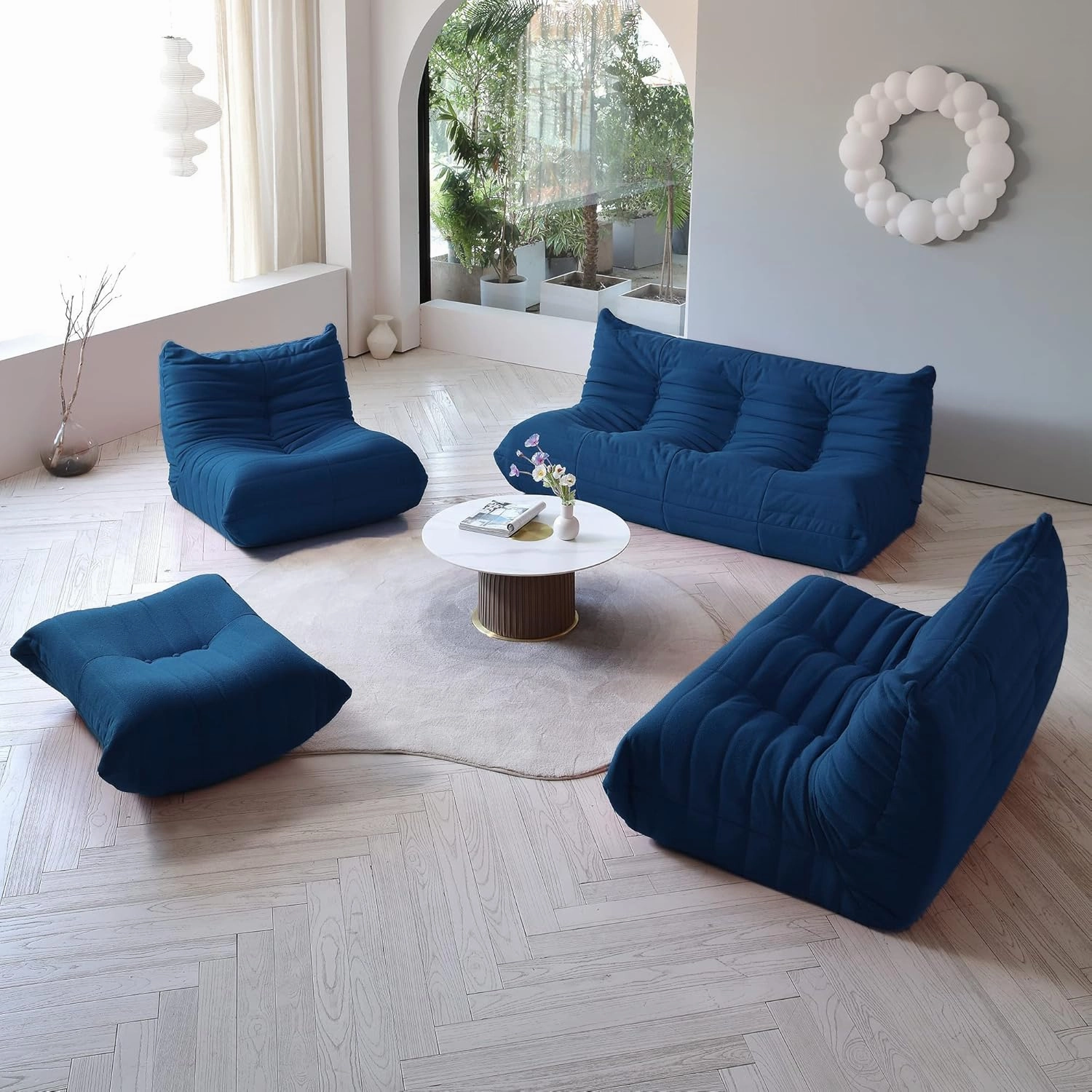 Lazy Floor Sofa, Fireside Chair,Teddy Velvet Sofa Bean Bag Couch, Lounge Accent Chair for Living Room Corner Bedroom Salon Office (3 Seater, Blue)