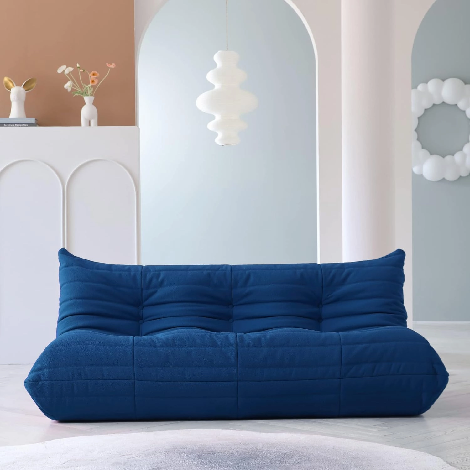 Lazy Floor Sofa, Fireside Chair,Teddy Velvet Sofa Bean Bag Couch, Lounge Accent Chair for Living Room Corner Bedroom Salon Office (3 Seater, Blue)