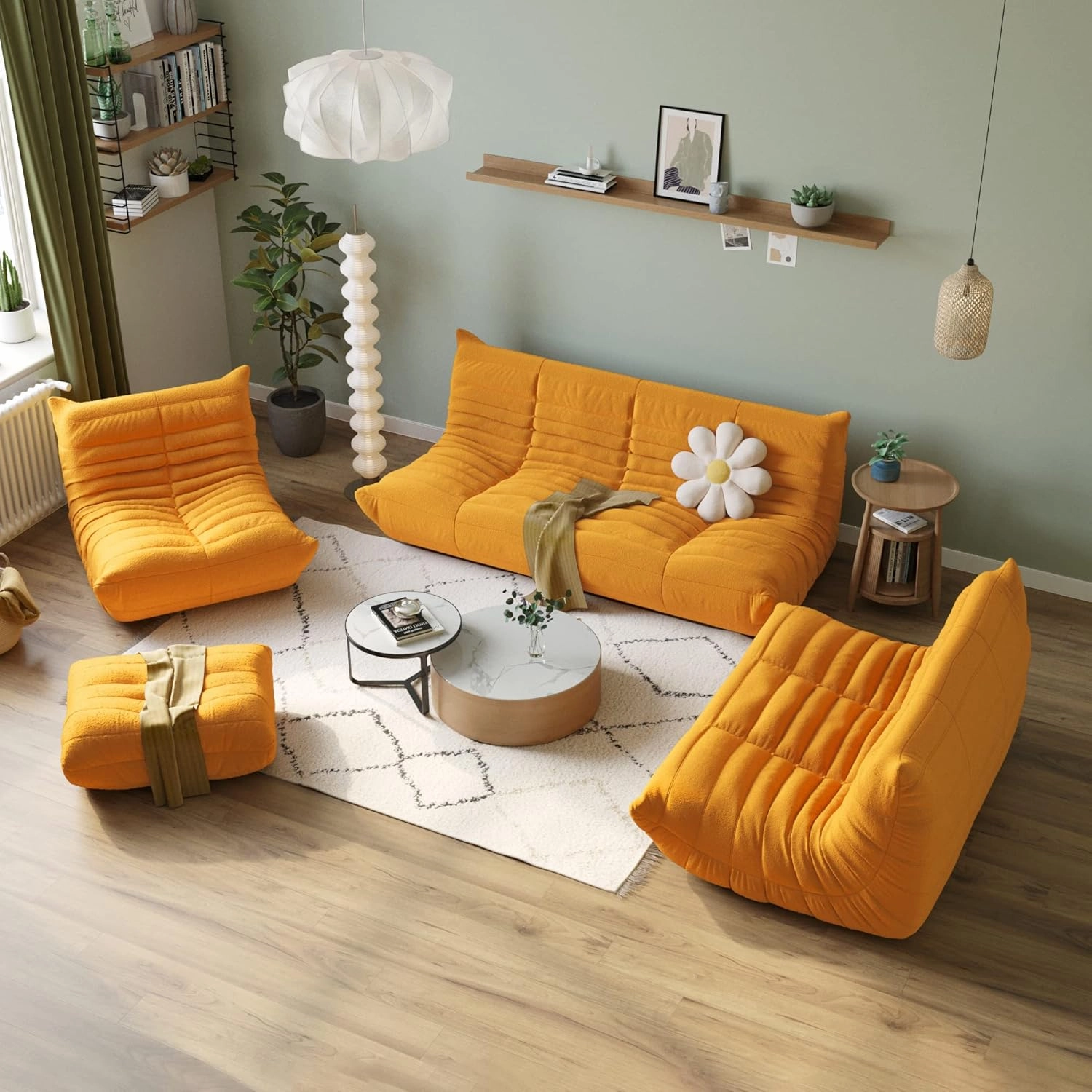 Lazy Floor Sofa, Fireside Chair,Teddy Velvet Sofa Bean Bag Couch, Lounge Accent Chair for Living Room Corner Bedroom Salon Office-3 Seater