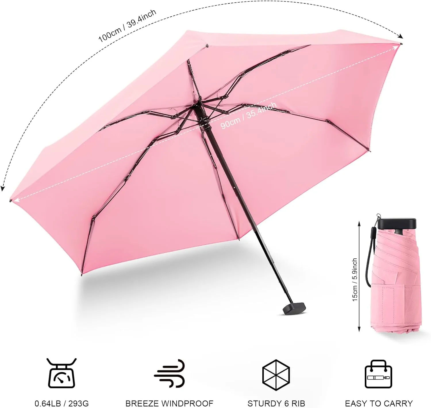 LEAGERA Mini Umbrella - Compact, Waterproof Travel Umbrella for Light Rain, Suitable for Women's Purse and Pocket