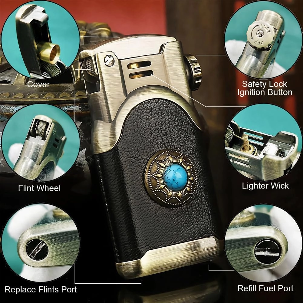 Leather Lighter Soft Flame Antique Style Refillable Vintage Candle Lighters for Collection Gift (Bronze B)