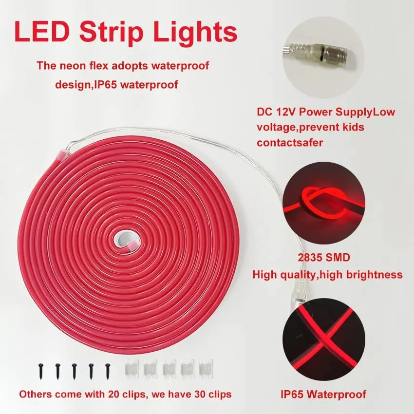 LED Neon Strip Light, Neon Flex Light, 16.4ft/5m 12VDC Silicone Light Strip Cut Length 1cm for Indoor Outdoor DYI Signage Decoration (Power Adapter not Included) (Red)