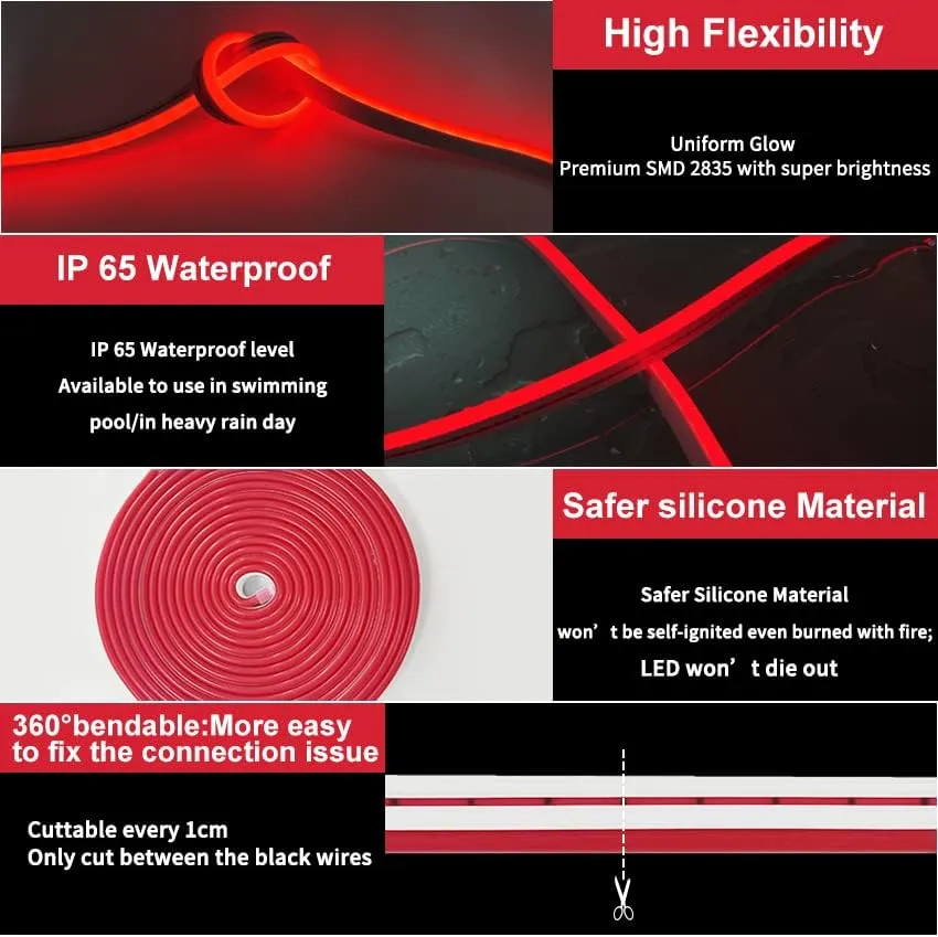 LED Neon Strip Light, Neon Flex Light, 16.4ft/5m 12VDC Silicone Light Strip Cut Length 1cm for Indoor Outdoor DYI Signage Decoration (Power Adapter not Included) (Red)