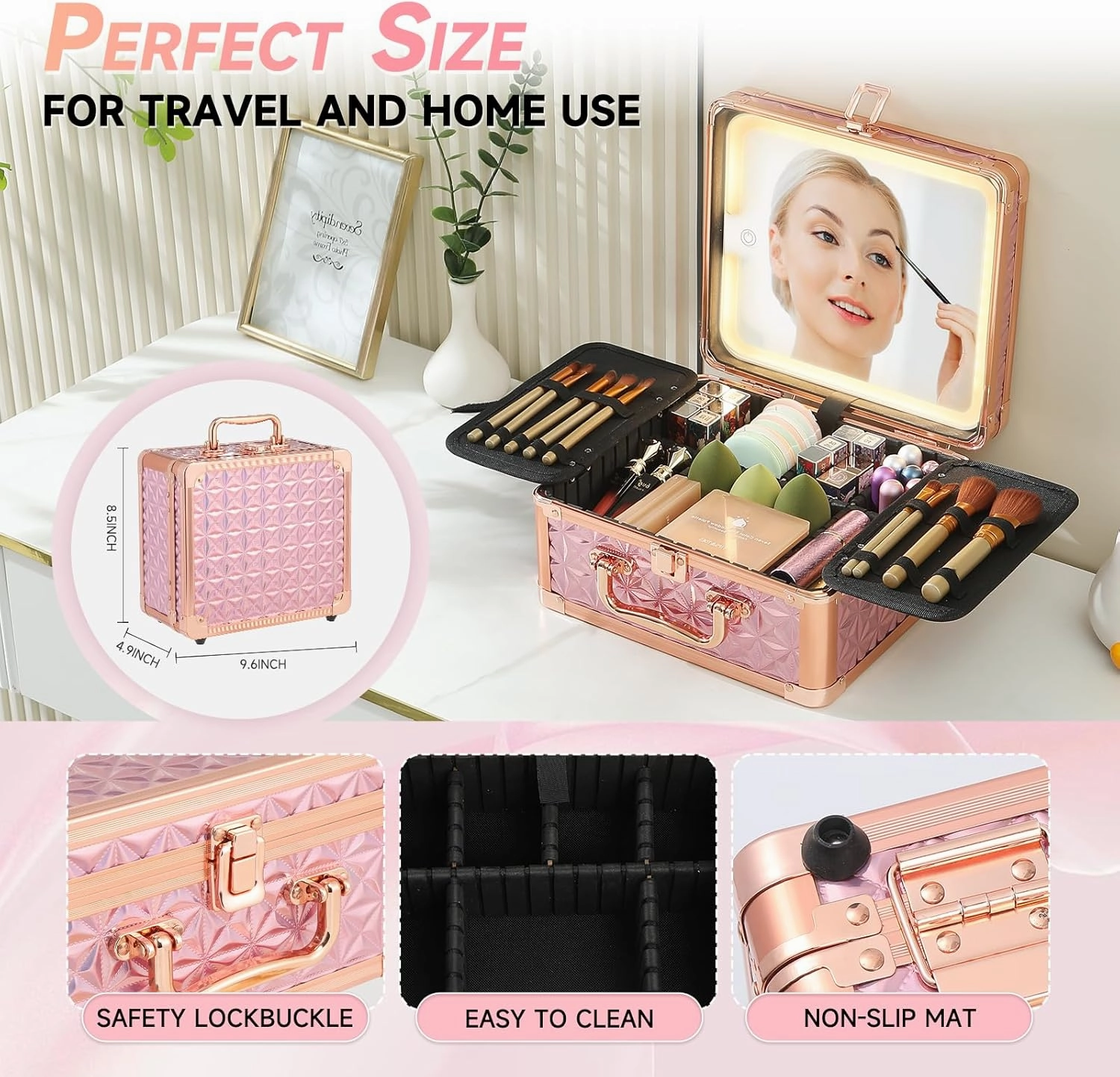 Leeora&Leekoo Makeup Box with LED Mirror & Aluminum Frame, Compact Multi-Layer Cosmetic Organizer - Portable ABS Travel Train Case for Makeup Storage(Gift for Girlfriend/Daughter) (Pink)