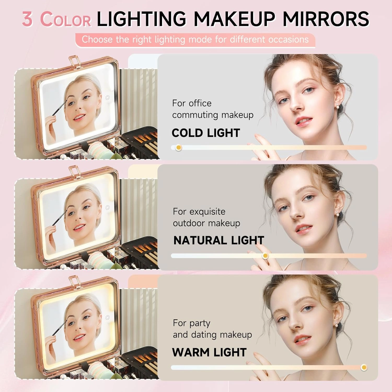 Leeora&Leekoo Makeup Box with LED Mirror & Aluminum Frame, Compact Multi-Layer Cosmetic Organizer - Portable ABS Travel Train Case for Makeup Storage(Gift for Girlfriend/Daughter) (Pink)