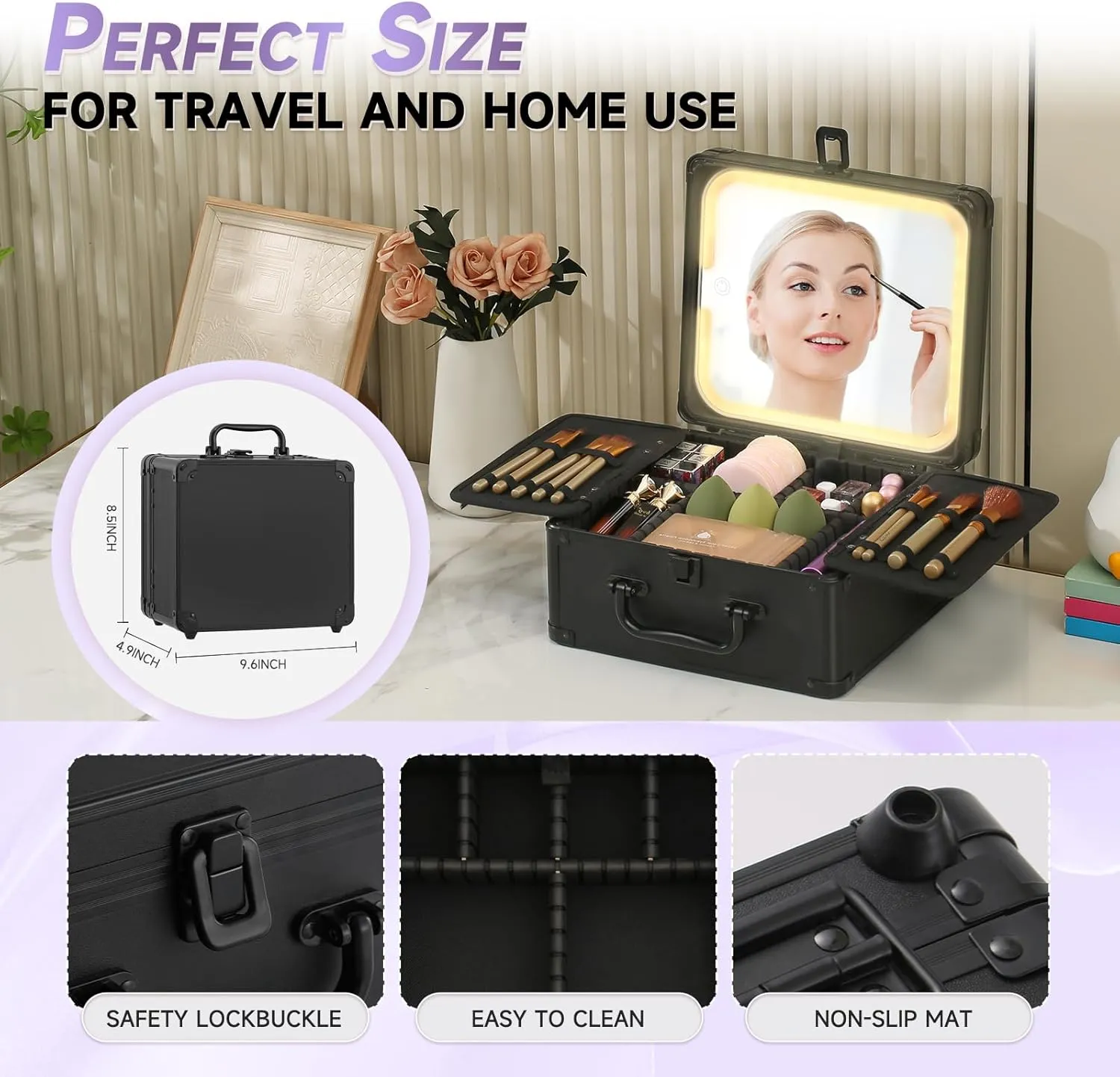 Leeora&Leekoo Makeup Box with LED Mirror & Aluminum Frame, Compact Multi-Layer Cosmetic Organizer - Portable ABS Travel Train Case for Makeup Storage(Gift for Girlfriend/Daughter) (Black)