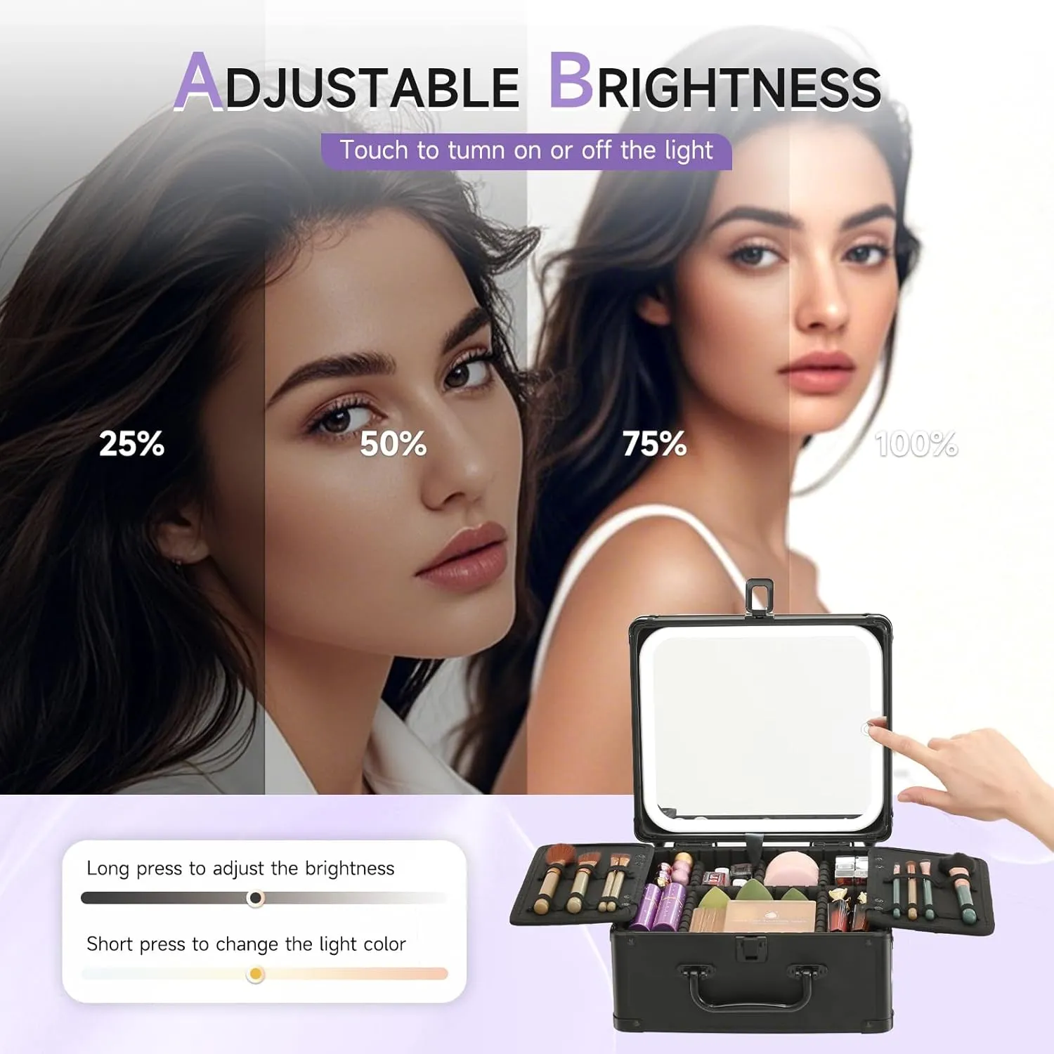 Leeora&Leekoo Makeup Box with LED Mirror & Aluminum Frame, Compact Multi-Layer Cosmetic Organizer - Portable ABS Travel Train Case for Makeup Storage(Gift for Girlfriend/Daughter) (Black)