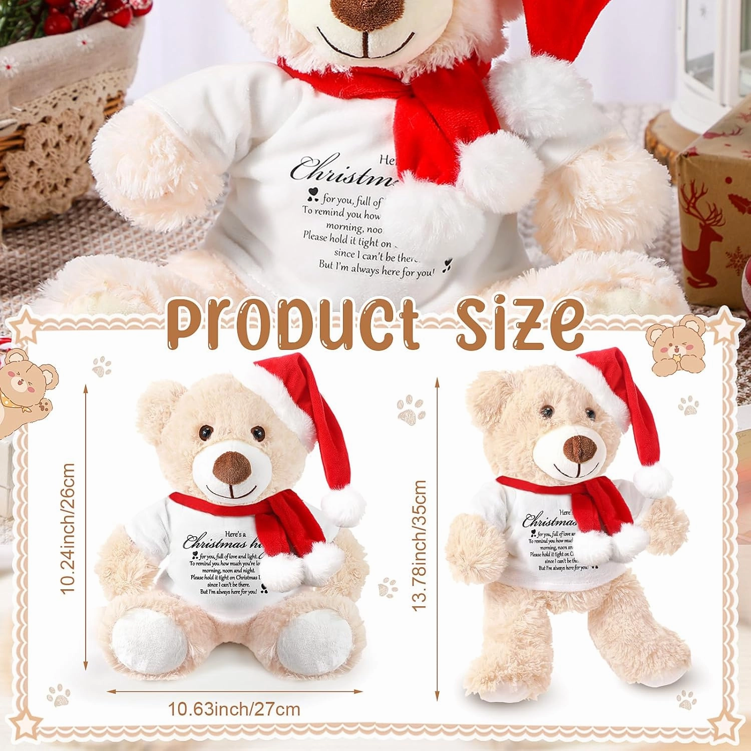 Lenwen Christmas Bear 2025 Night Before Christmas Stuffed Animal Hug Gift Inspirational Get Well Soon Gift Thinking of You Bear for Women Kids Adult, 13.78 Inch(Beige)