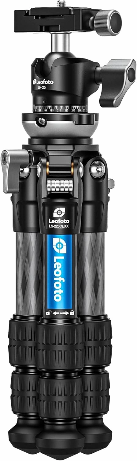 Leofoto LS-223CEXX Tabletop Tripod w/Built-in Leveling Head, Ranger Series, Carbon Fiber, 3 Leg Sections, Lightweight, Ball Head Optional (LS-223CEXX LH-25)