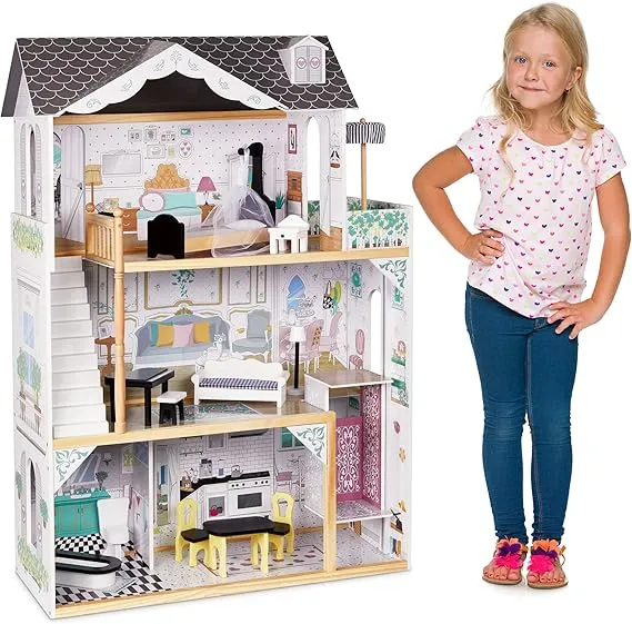 Lil' Jumbl Kids Wooden Dollhouse with Elevator, Balcony & Stairs - X-Large 3 Story, Accessories & Furniture Included