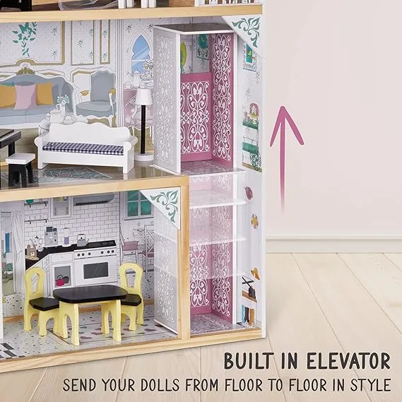 Lil' Jumbl Kids Wooden Dollhouse with Elevator, Balcony & Stairs - X-Large 3 Story, Accessories & Furniture Included