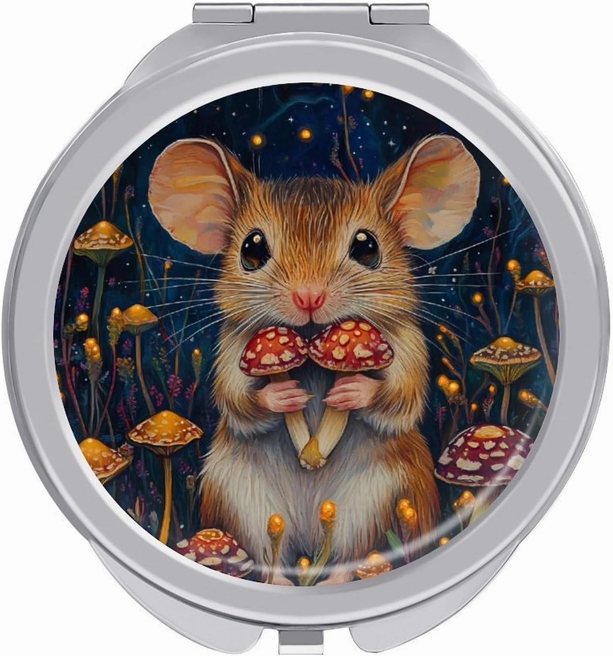 Little Mouse Holding Mushrooms Travel Makeup Mirror 2-Sided 1x 2X Magnification Portable Mini Mirror for Handbag Purse Pocket