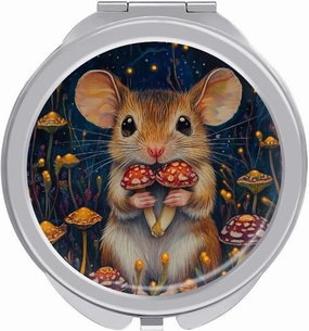 Little Mouse Holding Mushrooms Travel Makeup Mirror 2-Sided 1x 2X Magnification Portable Mini Mirror for Handbag Purse Pocket